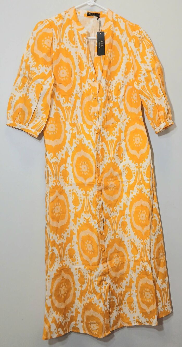 G.D.S womens medium maxi shirt dress yellow 100% linen luxury resort wear